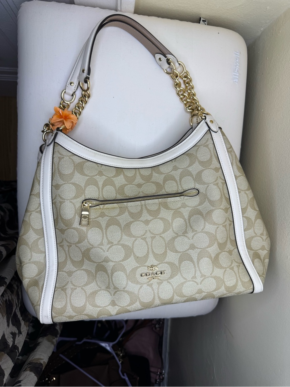 Coach Kristy Signature Canvas Shoulder Bag in Khaki/Chalk with chain straps